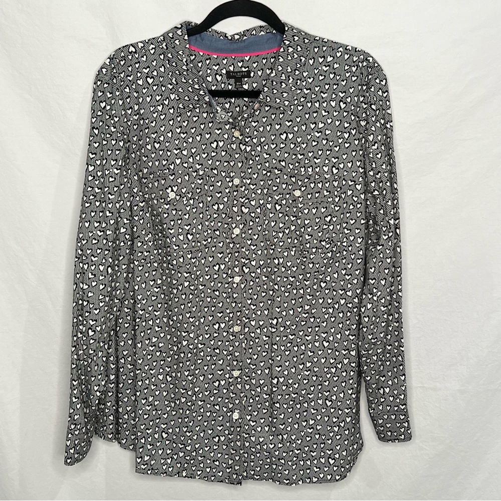 Talbots Woman Plus 18W Button Up Shirt Novelty Heart Print Top Black White‎ Roll